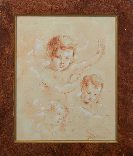 Continental School, "Studies of Babies," 19th c., sanguine drawings on paper, signed "J Belleur" lower right, presented in a faux-burled wood frame, H