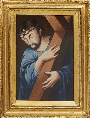 Continental School, "Jesus with a Cross," early 20th c., oil on canvas laid to board, unsigned, presented in a gold-leaf frame, H.- 13 5/8 in., W.- 8 