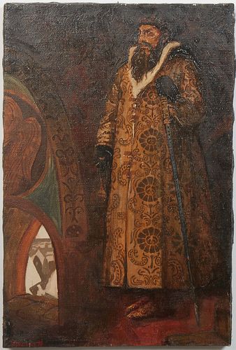 After Viktor Vasnetsov (1848-1926, Russian), "Tsar Ivan IV the Terrible," 1974, oil on canvas, unsigned, dated and possible signed en verso, with ille