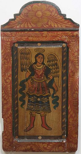 Mexican School, "Archangel," 20th c., oil on board, unsigned, H.- 44 1/8 in., W.- 22 1/8 in. Provenance: from the Estate of Dr. Peter Elwood Dorsett, 