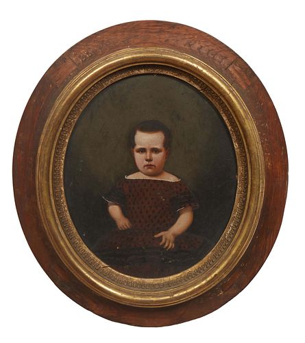 American School, "Portrait of a Young Boy," 19th c., oil on paper board, unsigned, with an inscription written in pencil en verso, "Henry, Son of Herm