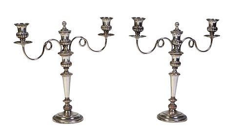 Pair of English Silverplated Three Light Candelabra, 19th c., with a central candle cup with an artichoke handled cup cover, flanked by two scrolled a