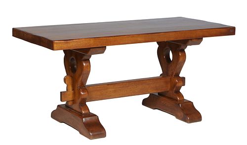 French Provincial Carved Oak Monastery Table, 19th c., the 2 1/2 in. thick top on pierced trestle supports joined by a large rectangular stretcher, H.