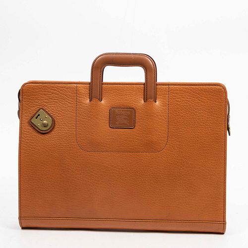 Vintage Burberry Briefcase, in camel grained calf leather with golden brass hardware, opening to a plaid canvas lined interior with one long side open