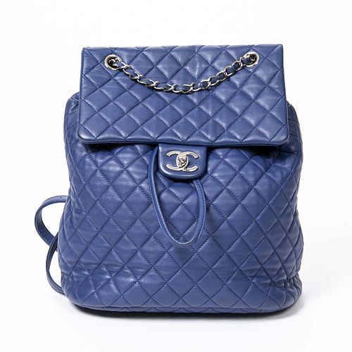 Large Chanel Urban Spirit Backpack, in dark blue quilted calf leather with silver hardware, opening to a dark blue canvas lined interior with one zip 