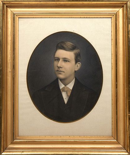 McLachlan, "Portrait of Young John Keller," 19th c., charcoal and graphite on paper, signed and dated indistinctly lower left, presented in an oval ma