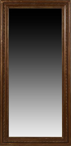 French Style Gilt Composition Overmantel Mirror, 20th/21st c., with a wide stepped relief leaf frame around a wide beveled plate, H.- 79 in., W.- 40 i