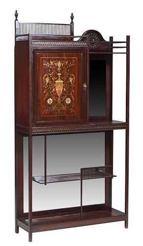 Aesthetic Movement Inlaid Rosewood Etagere, 19th c. the top shelves with a spindled gallery proper right, and a arched carved back proper left, over a