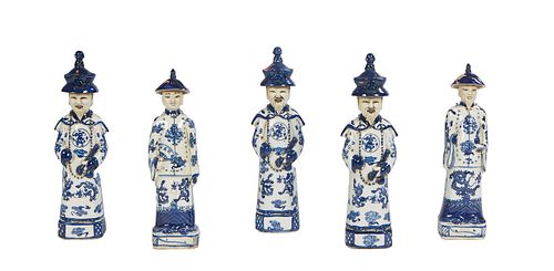 Group of Five Chinese Hand Painted Blue and White Porcelain Sage Figures, 20th c., the underside with impressed chop marks, Tallest- H.- 11 1/2 in., W