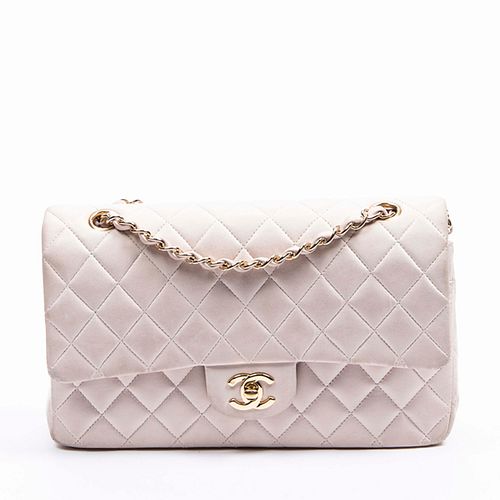 Chanel Classic 26 Double Flap Shoulder Bag, c. 2002, in light rosewater diamond quilted calf leather with golden hardware, opening to a matching rosew