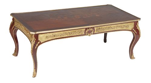 Louis XV Style Marquetry Inlaid Ormolu Mounted Mahogany Coffee Table, 21st c., the brass bound marquetry top over skirts with long relief bronze mount