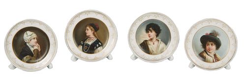Four Dresden Style Porcelain Portrait Place Card Holders, 19th c., with gilt decorated borders around a portrait of a different woman, H.- 2 5/8 in., 