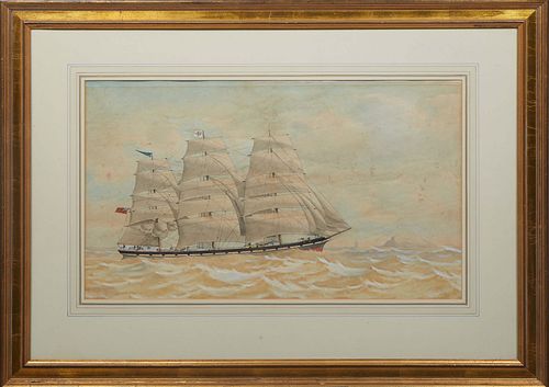 British School, "English Clipper Ship," 19th c., watercolor on paper, unsigned, presented in a mat and gilt frame, H.- 15 3/4 in., W.- 26 3/8 in., Fra