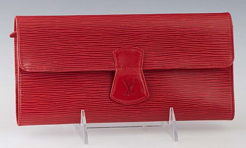 Louis Vuitton Jewelry Pouch Trifold Flap, in red epi calf leather with golden brass hardware, the snap closure opening to a grey suede lined interior 