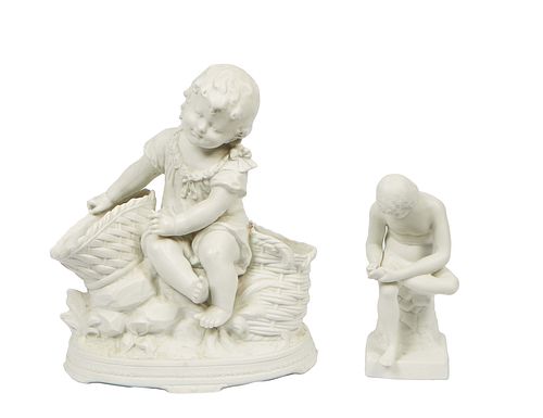 Two French Parian Figures, 20th c., one of "The Thorn Picker" or "El Spinario;" together with a double figural vase with a child flanked by two basket