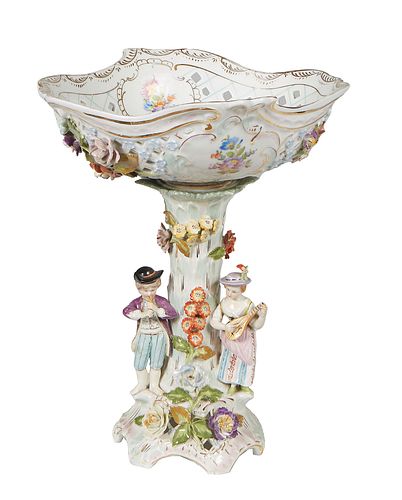German Porcelain Figural Centerpiece, 20th c., in the Dresden style, by Carl Thieme, Potschappel, the pierced basket on a relief floral figural suppor