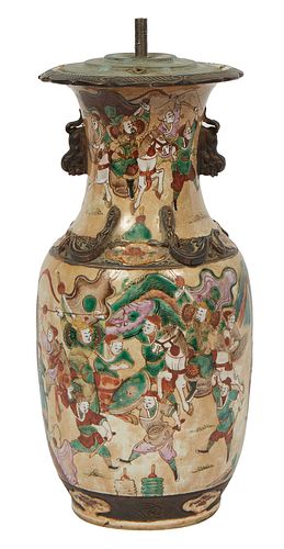 Chinese Earthenware Baluster Vase, late 19th c., the everted neck with figural warrior decoration and applied Foo dog handles, over relief salamander 