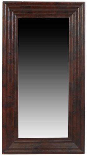 American Classical Carved Mahogany Overmantel Mirror, 19th c., the wide frame over a small upper plate and a large lower plate, H.- 53 1/4 in., W.- 29