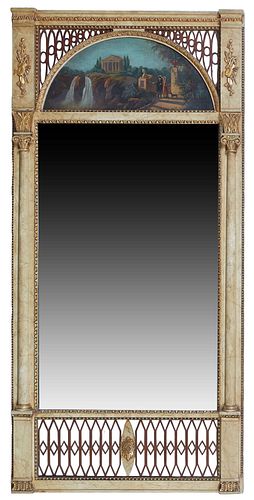 Diminutive French Carved Giltwood and Polychromed Trumeau Mirror, 20th c., the stepped breakfront crown with applied musical instruments, over a pierc