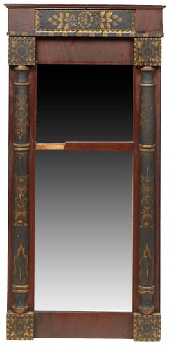 American Two Part Gilt Painted Mahogany Landscape Mirror, 19th c., the stepped crown over gilt painted engaged columns flanking a small upper plate an