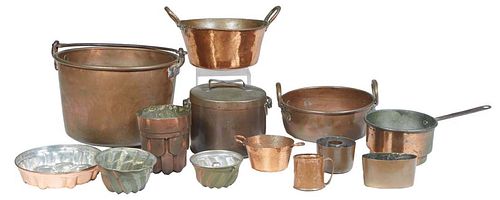 Collection of Fourteen Pieces of Copper Cookware, 19th c., consisting of two jam pans with brass ring handles; a covered daube pot with a folding iron