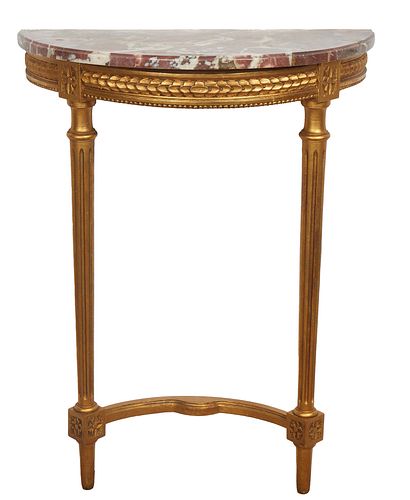 French Louis XVI Gilt Beech Marble Top Console Table, 20th c., the ogee edge demilune Breche d'Alpes rouge marble over a lappet carved skirt, on two t