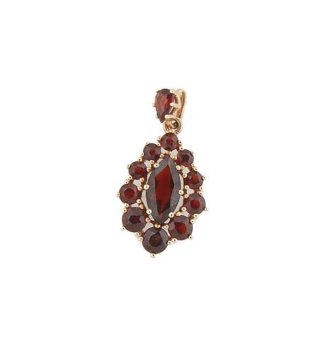 14K Yellow Gold Pendant, with a central marquise garnet within a border of graduated round garnets, the bale also mounted with a marquise garnet, H.- 