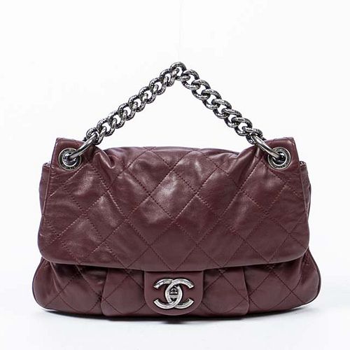 Chanel Coco Pleats Shoulder Bag, in burgundy quilted calf leather with aged silver hardware, opening to a baby blue lined silk interior with one zip c