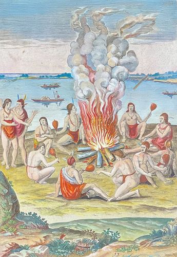 De Bry - Virginia - Their manner of praying with rattles around the fire