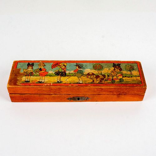 Vintage German Pencil Box with Children and Dog Scene