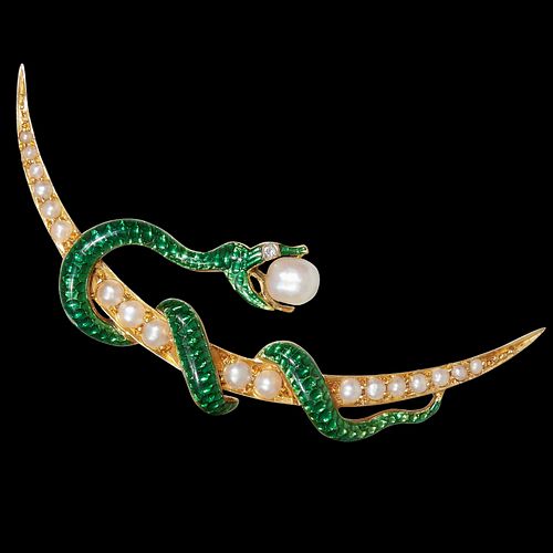 ANTIQUE ENAMEL AND PEARL CRESCENT BROOCH