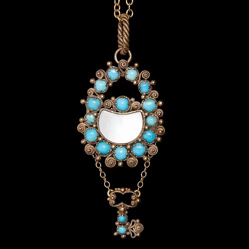 ANTIQUE TURQUOISE AND MOTHER OF PEARL PENDANT BROOCH