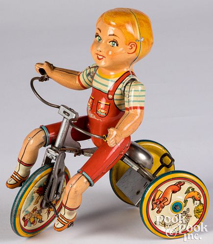 Unique Art lithographed tin wind-up Kiddy Cyclist