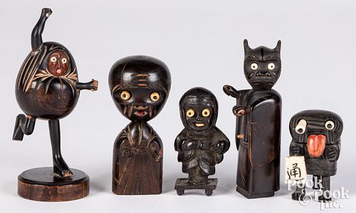 Five carved and painted wood static Kobe figures,