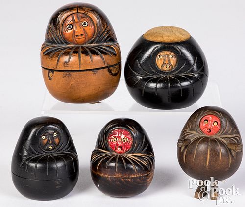 Five carved and painted wood Kobe toys