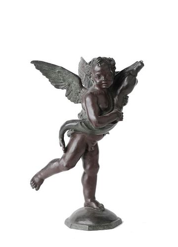 Bronze Small Fountain, Putto with Dolphin After Verrocchio