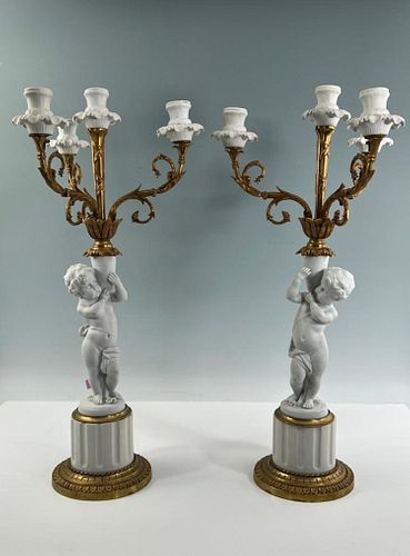 Pair of Sevres Style Bisque Porcelain and Gilt Bronze Candelabra