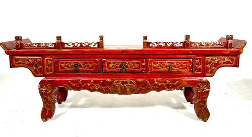 A Chinese Red Lacquer and Gilt Altar Cabinet