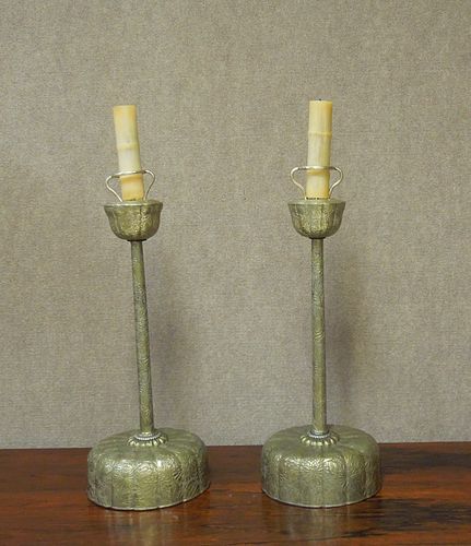 Pair of Japanese Silvered Bronze Candlesticks, Shokudai.