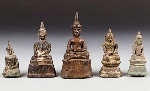 Five Antique Laos/Burmese Bronze Buddha Statues