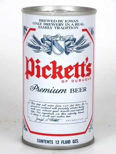 1973 Pickett's Premium Beer 12oz Tab Top Can T108-31 Dubuque, Iowa