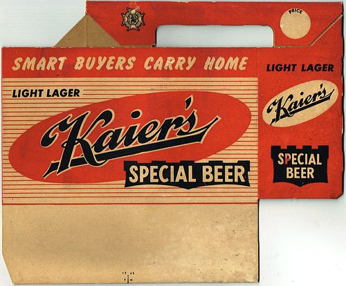 1949 Kaier's Special Beer Six Pack Bottle Carrier Six-pack Holder Philadelphia, Pennsylvania