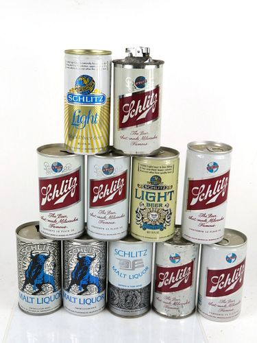 1974 Lot of 10 Schlitz Beer Cans 1 Lighter 12oz Tab Tops Milwaukee, Wisconsin