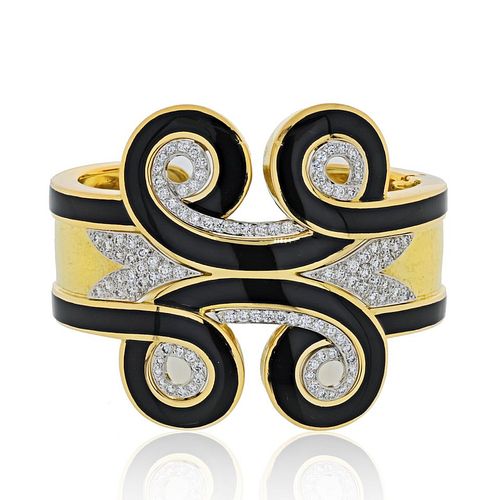 David Webb Platinum & 18K Yellow Gold Arabesque Black Enamel Diamond Cuff Bangle Bracelet 