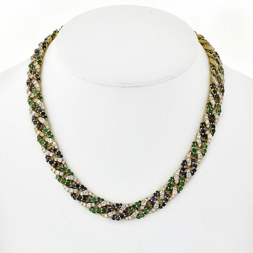 18K Yellow Gold Cuban Link Diamond Sapphire and Green Emerald Necklace 