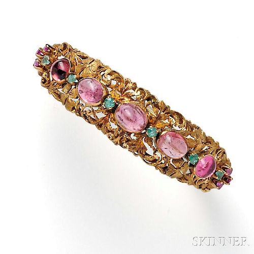 18kt Gold, Pink Tourmaline, and Emerald Bracelet