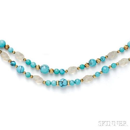 14kt Gold, Turquoise, and Rock Crystal Double-strand Necklace