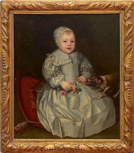 CIRCLE OF JOHN HAYLS (1600-1679): PORTRAIT OF A CHILD IN A WHITE DRESS WITH A DOG