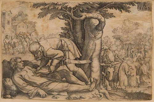 GEORG PENCZ (c. 1500-1530): THE GOOD SAMARITAN TENDING THE INJURED TRAVELER