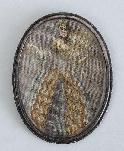 CONTINENTAL NEEDLEWORK OVAL MINIATURE OF A LADY